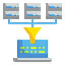 Icon of the four databases connected together with a line to a filter and then a laptop.
