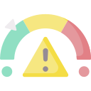 Risk meter spanning from green through yellow to red with a hazard triangle below it