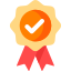 Red quality approvement award with red ribbons and a white checkmark in the centre