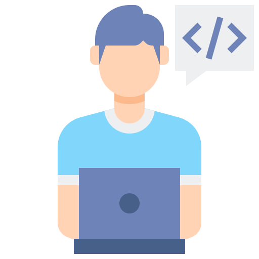 Clipart of a person in front of a pc thinking about code