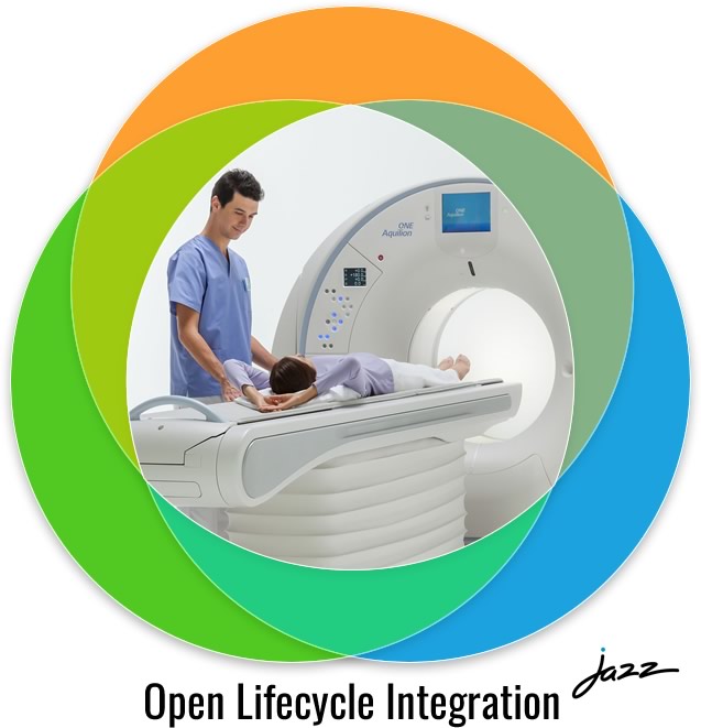 MRI scan with patient inside and doctor helping.