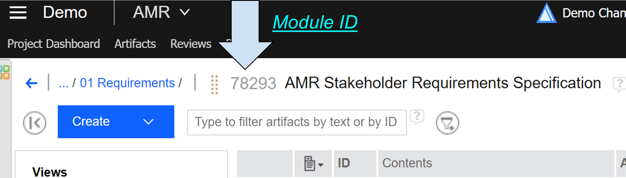 The ID of the AMR Stakeholder Requirements Specification module can be seen next to its title on the left in grey color