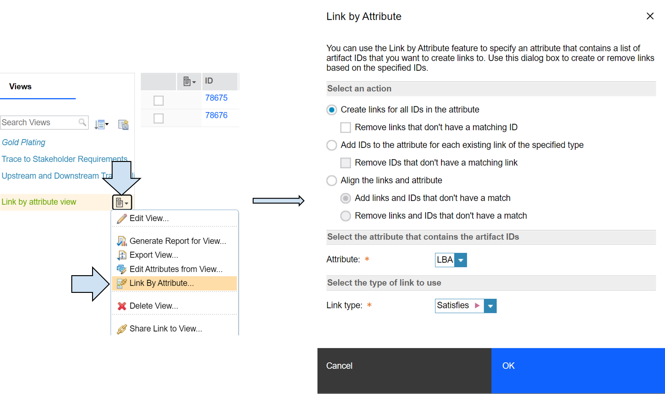 View options is on the right side, link by attribute is between Edit Attributes and Delete View