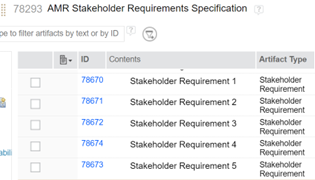 Example requirements divided by: Requirements contents: Stakeholder requirements 1-5, Artifact type: Stakeholder requirement